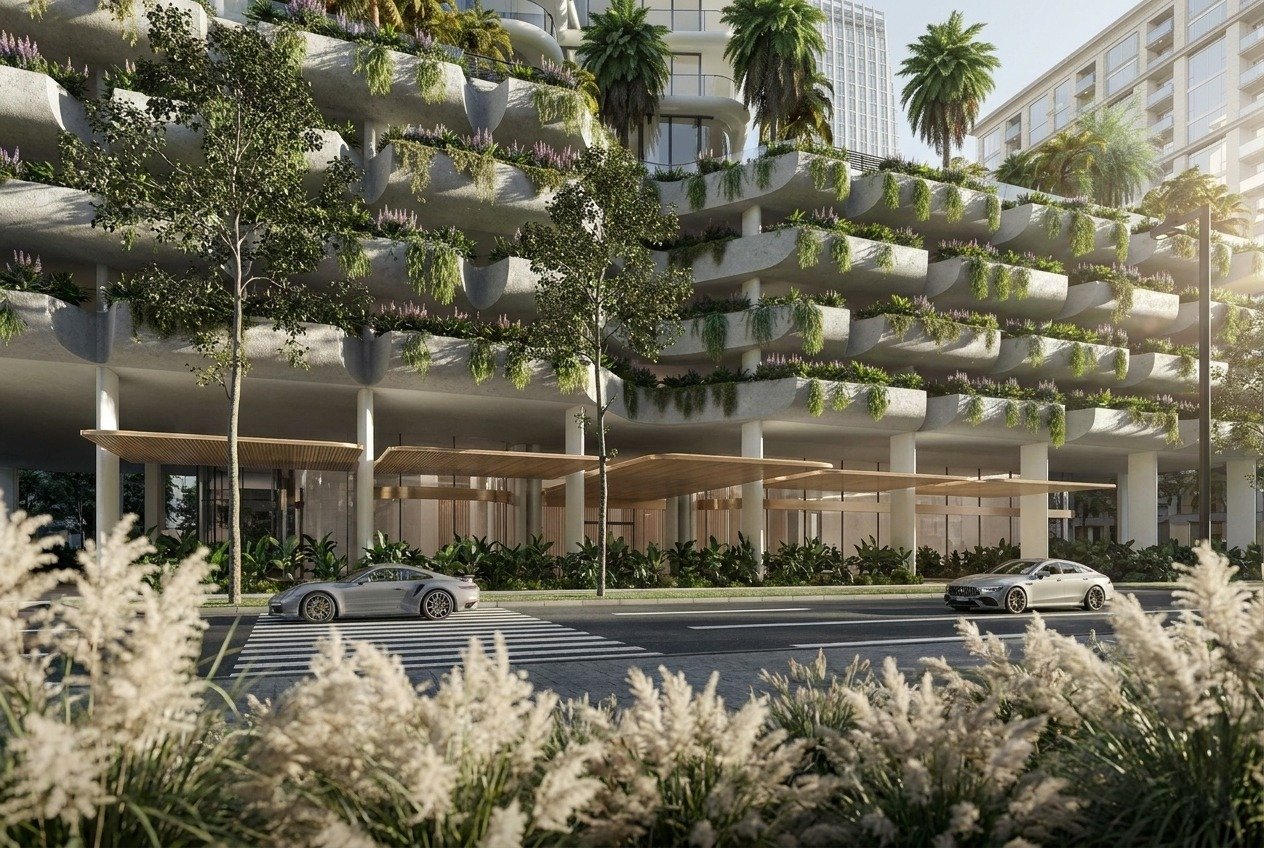 Modern Luxury Apartment Exterior with Greenery