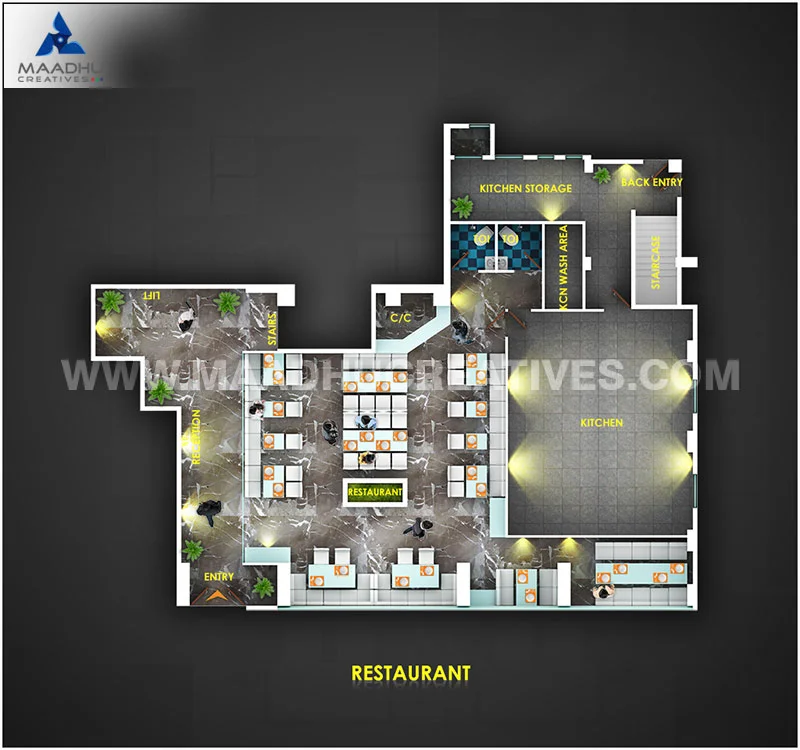 Commercial 3D Floor Plan For Restaurant