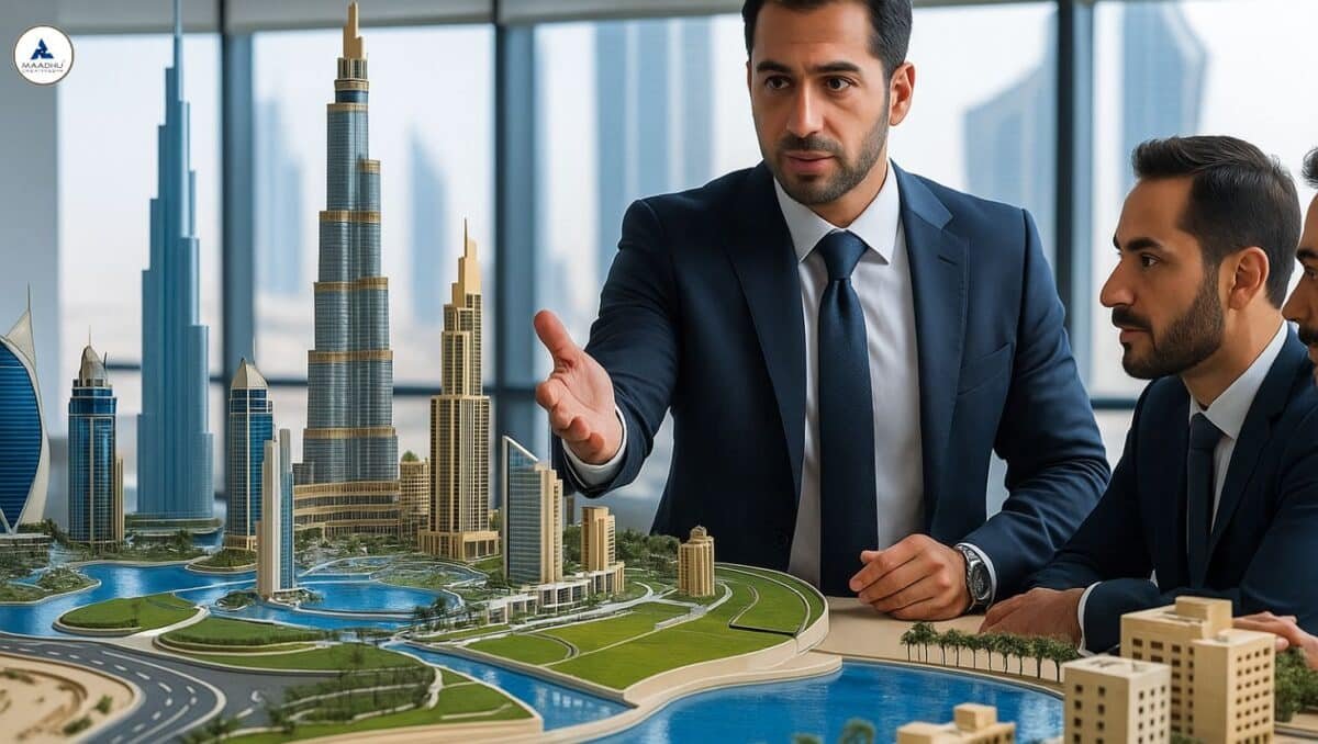 Architectural model makers working on a Dubai city scale model